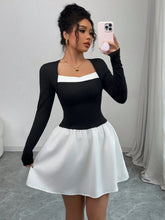 Form-Fitting Elegant Square Collar Color Block Women Dress